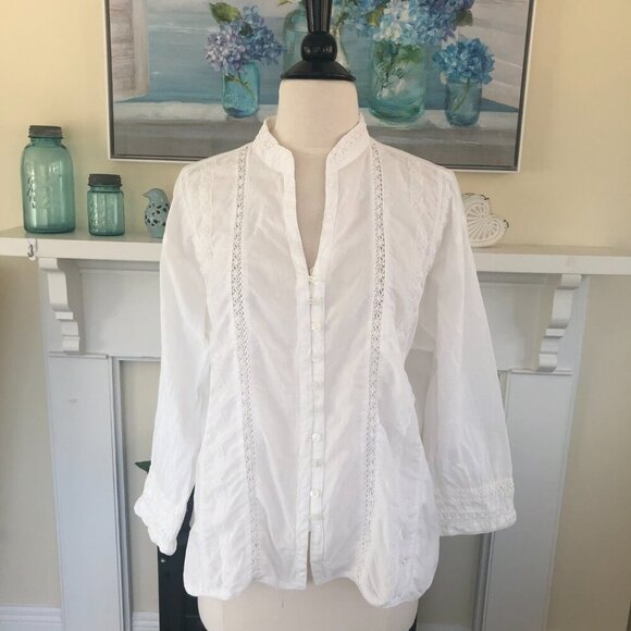White Embroidered Lace Inset Blouse Top Size 16 - Picture 4 of 10